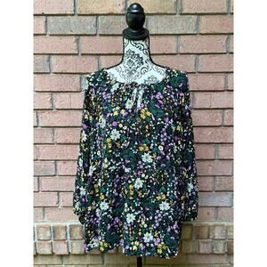 EUC Old Navy Floral Blouse Black Background w/ Neck Tie 2X
